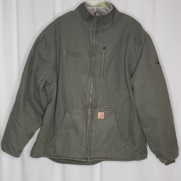 Carhartt Mens Sherpa Lined Green Heavyweight Duck Fabric Jacket Logos - 2XL